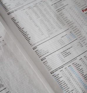 A newspaper page focused on financial information, including stock market data, recent issues, rates, major price changes, and investment fund details. Columns of numbers are interspersed with headings and small charts, printed on plain paper with a slightly off-white background.